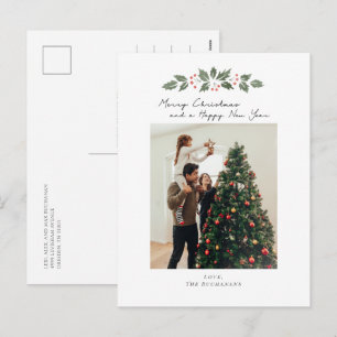 Family Photo Tree Merry Christmas Berries Holiday Postcard
