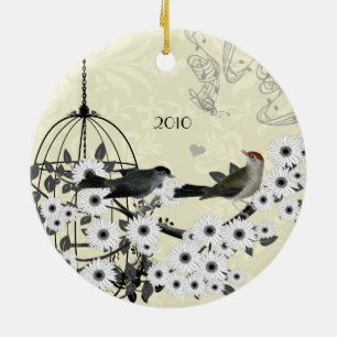 Family Photo Vintage Birds & Bird Cage on Damask Ceramic Tree Decoration