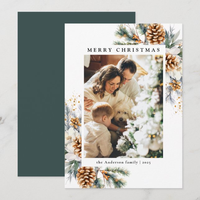 Family Photo Watercolor Botanical Floral Christmas Holiday Card (Front/Back)
