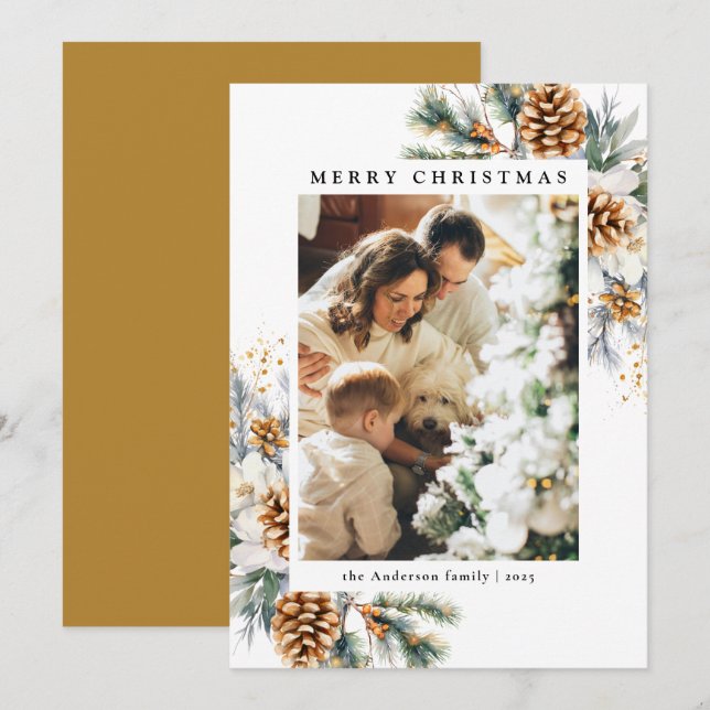 Family Photo Watercolor Botanical Floral Christmas Holiday Card (Front/Back)