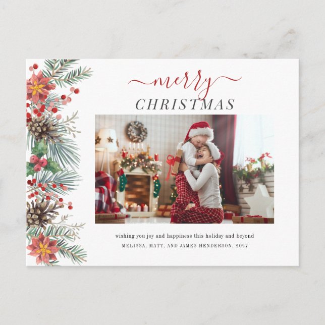Family Photo Watercolor Rustic Merry Christmas Holiday Postcard (Front)
