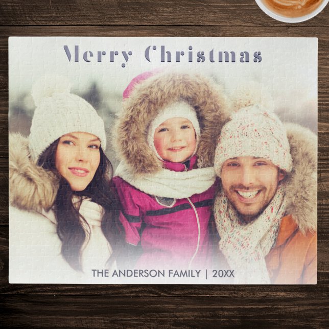 Family Photo Winter Holiday Modern Merry Christmas Jigsaw Puzzle (A festive winter jigsaw puzzle to personalize with your own photo and name(s))