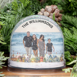 FAMILY PHOTO WINTER SCENE BORDER LIGHTS SNOWGLOBE