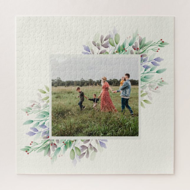 Family Photo Winter Watercolor Florals Custom Jigsaw Puzzle (Vertical)