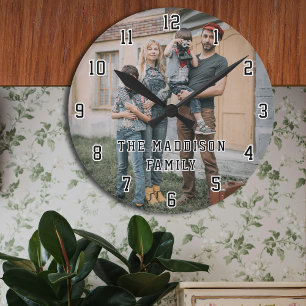 Family Photo with Modern Bold Typography  Round Clock