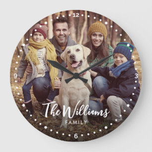 Family Photo with Modern Script Large Clock