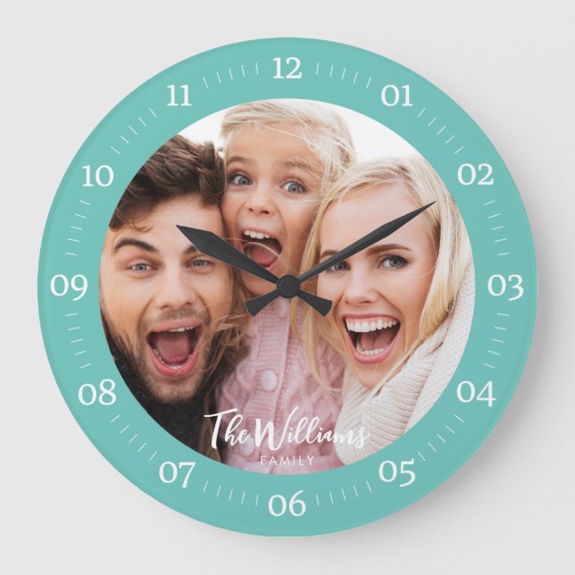 Family Photo with Modern Script Large Clock (Front)