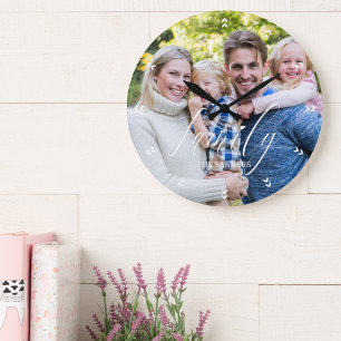 Family Photo with Modern Script Typography Large Clock