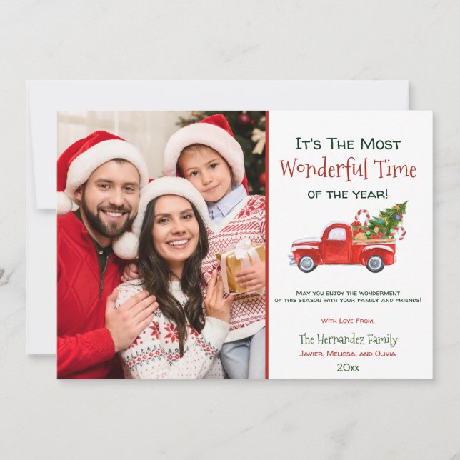 Family Photo Wonderful Time Red Christmas Truck Holiday Card (Front)