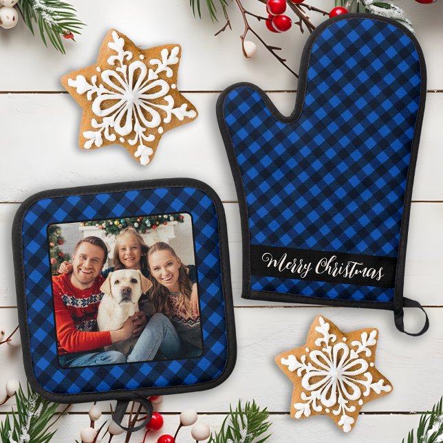 Family PhotoPersonalized Christmas Blue Plaid Oven Mitt & Pot Holder Set (Creator Uploaded)