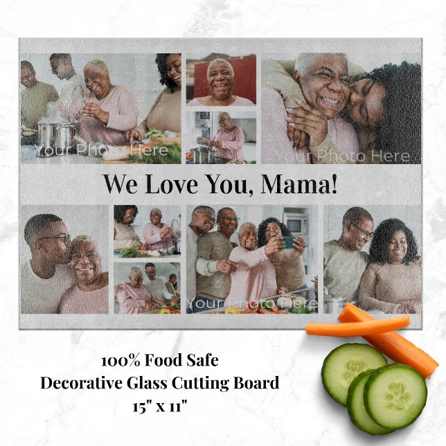 Family Photos and Custom Text Unique Cutting Board (For the mom who loves cooking and the kitchen, as well as her kids! Cutting board with your photos.)