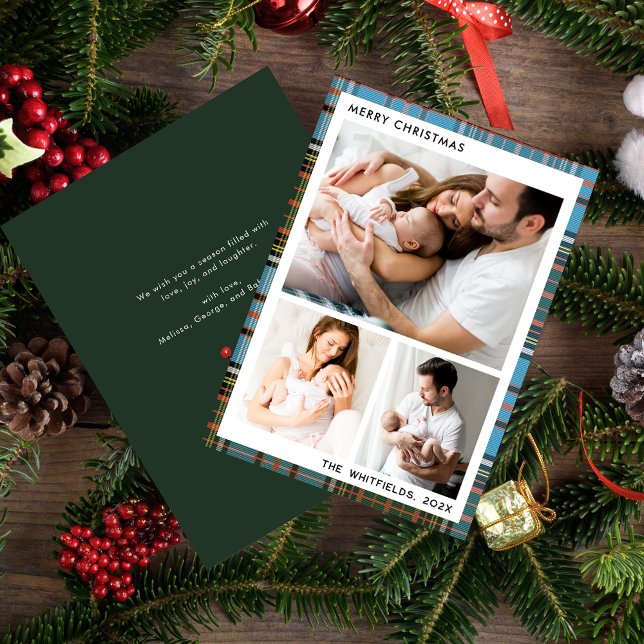 Family Photos Berries Christmas Holidays Tartan Card (Family Photo Collage Plaid Tartan Baby First Holidays Greetings)
