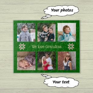 Family photos custom text green frame christmas jigsaw puzzle