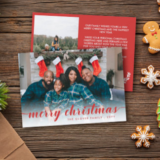 Family Photos Red Calligraphy Merry Christmas Holiday Card