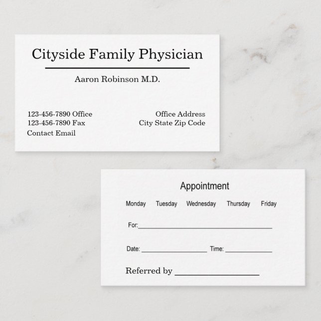 Family Physician Office Medical Appointment Cards (Front/Back)