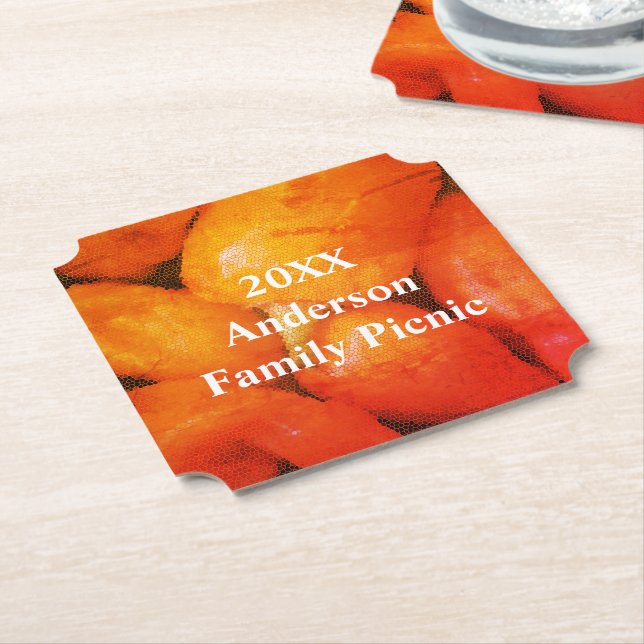 Family Picnic Orange Mosaic Chilli Peppers Reunion Paper Coaster (Angled)