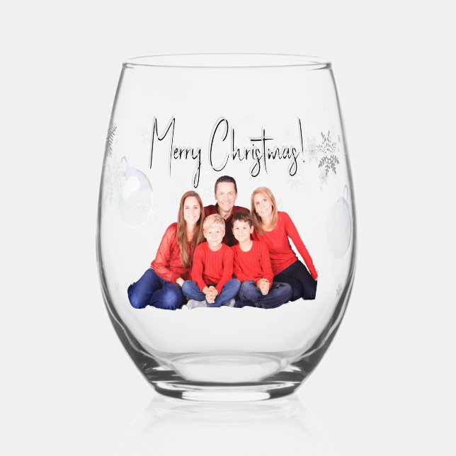 Family picture Christmas  Stemless Wine Glass (Front)