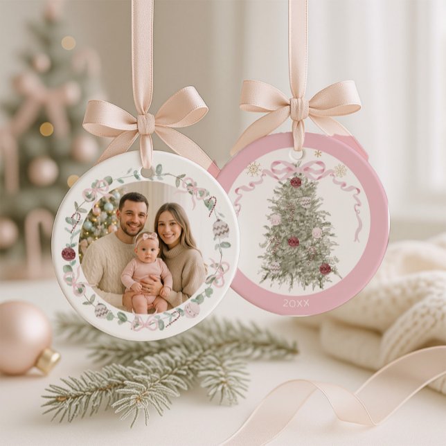 Family Pink Christmas Photo Ceramic Tree Decoration (Creator Uploaded)