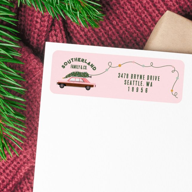 Family Pink Vintage Car Christmas Tree Delivery (Family Pink Vintage Car Christmas Tree Delivery Label)