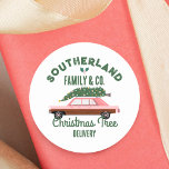 Family Pink Vintage Car Christmas Tree Delivery Classic Round Sticker<br><div class="desc">Reviving the Joy of Christmas Past! Transport back in time with this fun family tradition personalised pink vintage car Christmas tree delivery sticker. Christmas lights hanging from the Christmas tree. Add an extra sprinkle of nostalgia to your holiday gifts with our personalised Christmas stickers, perfect to add a person touch...</div>
