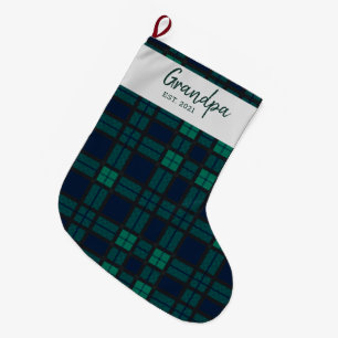 Family Plaid  Script Black Watch Tartan Large Christmas Stocking