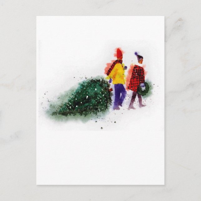 family pulling christmas tree  Part 1 Holiday Postcard (Front)