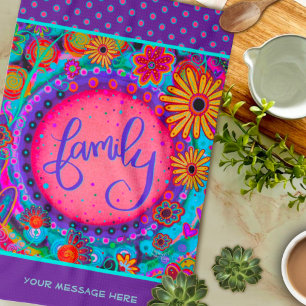 Family Purple Pretty Floral Dots Personalised Tea Towel