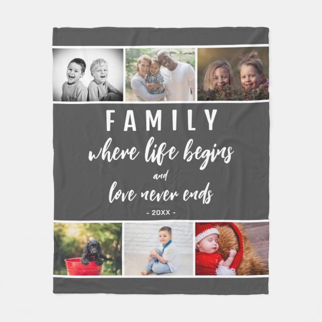 Family Quote 6 Photo Collage Script Keepsake Fleece Blanket (Front)