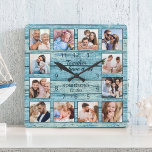 Family Quote Photo Collage Rustic Blue Wood Square Wall Clock<br><div class="desc">Easily create your own personalised blue rustic driftwood planks lake house style wall clock with your custom photos. The design also features a beautiful handwritten script quote: "Together we have it all". For best results, crop the images to square - with the focus point in the centre - before uploading....</div>