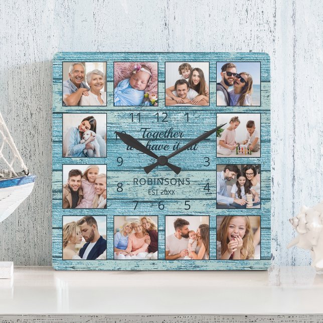 Family Quote Photo Collage Rustic Blue Wood Square Wall Clock (Creator Uploaded)