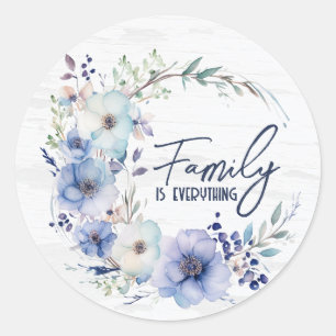 Family Quote Wreath on Whitewashed Wood Classic Round Sticker
