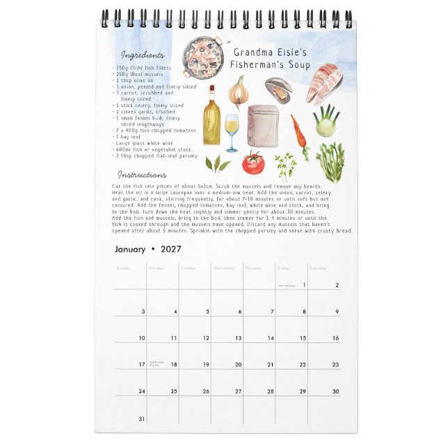 Family Recipe Heirloom Keepsake | Watercolor Calendar (Jan 2027)