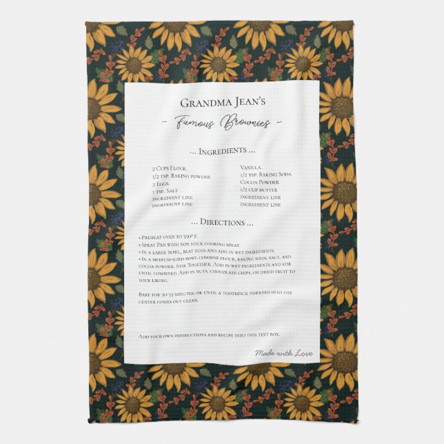 Family Recipe Heirloom Sunflower Rustic  Tea Towel (Vertical)