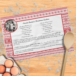 Family Recipe Holiday Red White Scandinavian Photo Tea Towel
