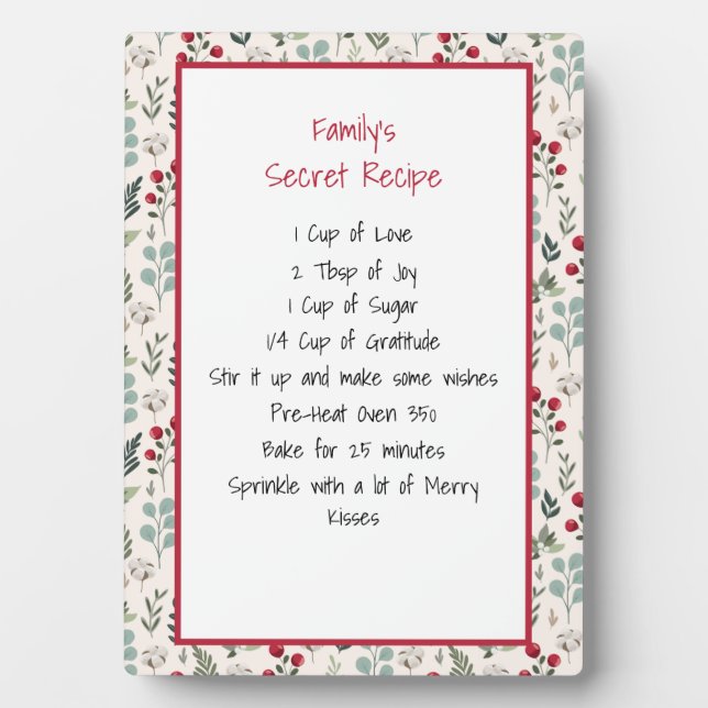 Family Recipe Keepsake Holiday Plaque (Front)