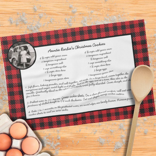 Family Recipe Red Black Plaid Holiday Photo Tea Towel (Creator Uploaded)