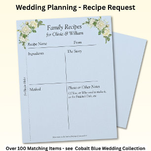 Family Recipe Sheets, Blue & White Roses  Custom Letterhead