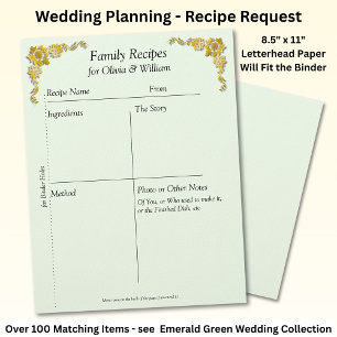 Family Recipe Sheets, Emerald Green & Gold Custom Letterhead