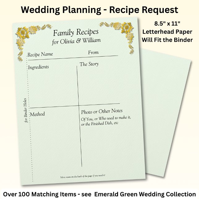 Family Recipe Sheets, Emerald Green & Gold Custom Letterhead (Creator Uploaded)