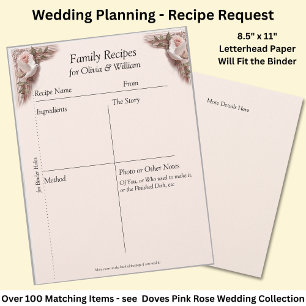 Family Recipe Sheets, Pink Roses & Doves Wedding Custom Letterhead