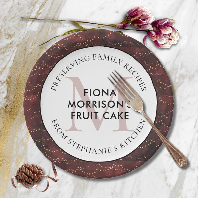 Family Recipes Burgundy Christmas Party Paper Plate (Burgundy Golden Lights Christmas Party Paper Plate with Monogram Preserving Family Recipes)