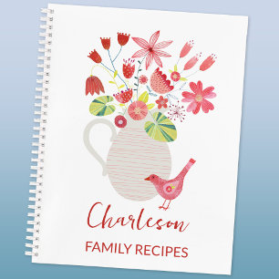 Family Recipes Personalised Bird Jug of Flowers Notebook
