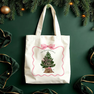 Family Retro Farm Fresh Christmas Trees Pink Bow Tote Bag