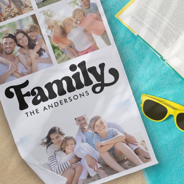 Family Retro Typography Photo Collage Beach Towel (Creator Uploaded)