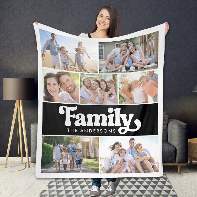Family Retro Typography Photo Collage Fleece Blanket (Creator Uploaded)