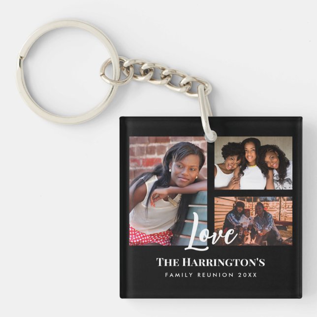 Family Reunion 3 Section Photo Collage Black Frame Key Ring (Front)