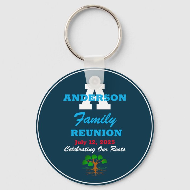 Family Reunion Any Name Any Date Script Text Blue Key Ring (Front)