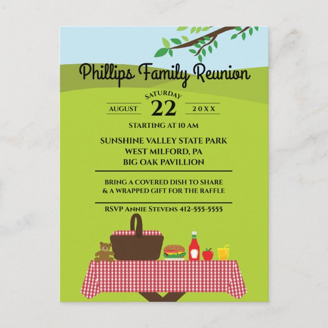Family Reunion At The Park Picnic Table Invitation Postcard (Front)