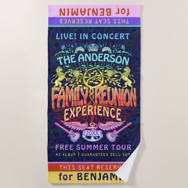 Family Reunion Band Retro 70s Concert Logo Neon Beach Towel (Front)