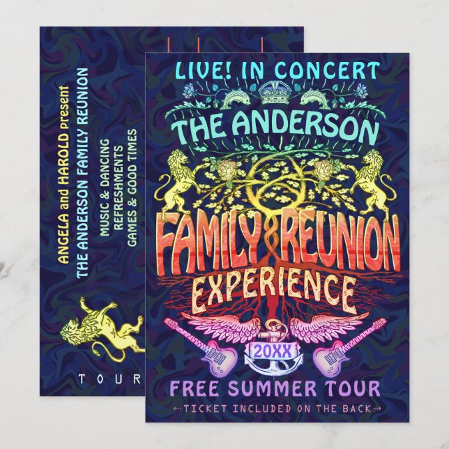 Family Reunion Band Retro 70s Concert Ticket Neon Invitation (Front/Back)